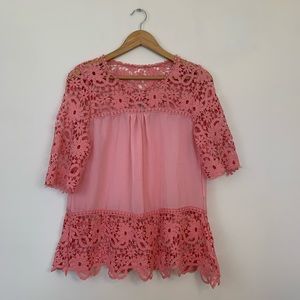 Pink Sheer Crochet Flower Blouse
